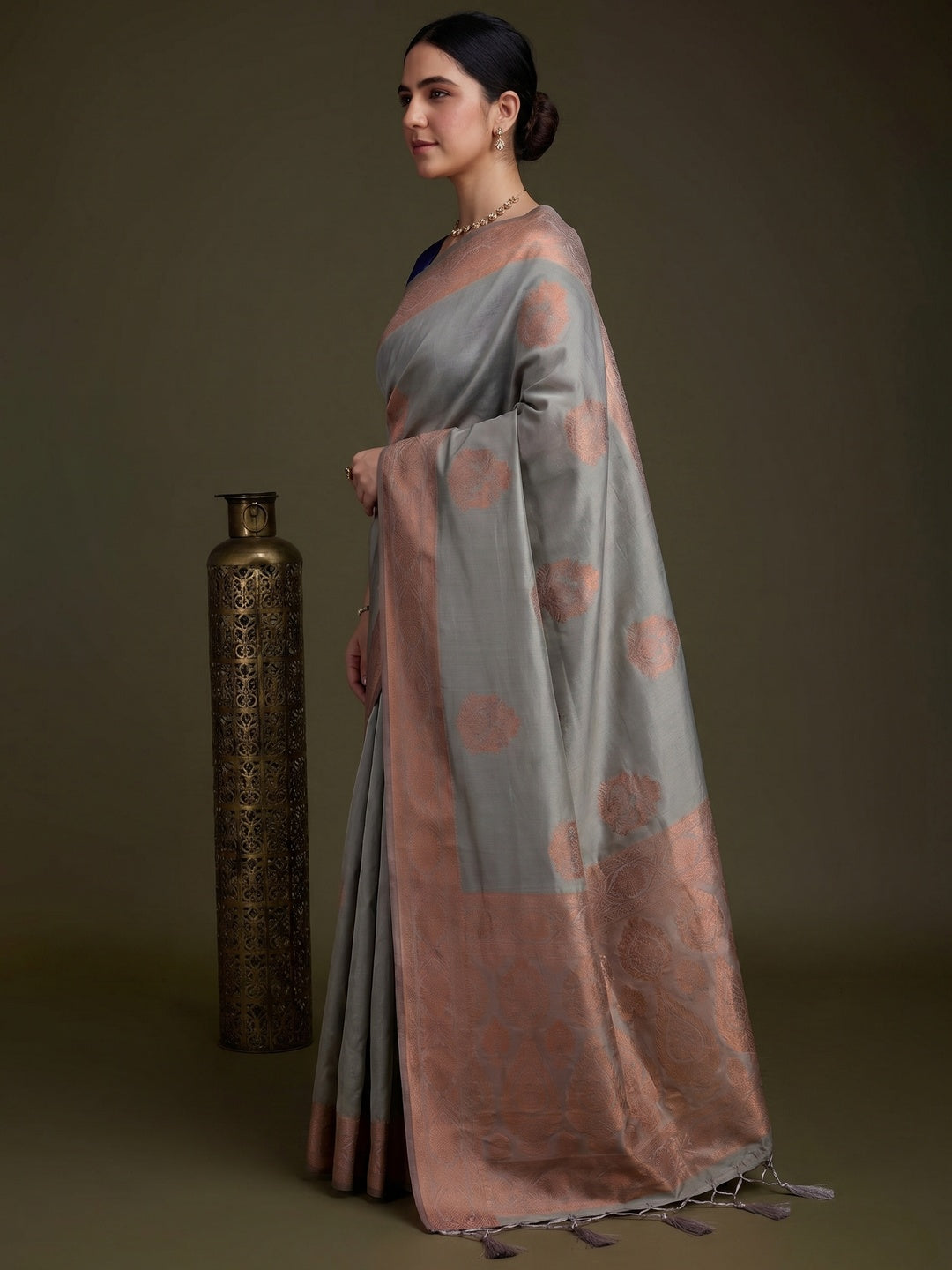 Grey Floral Woven Banarasi Silk Saree - Image 1
