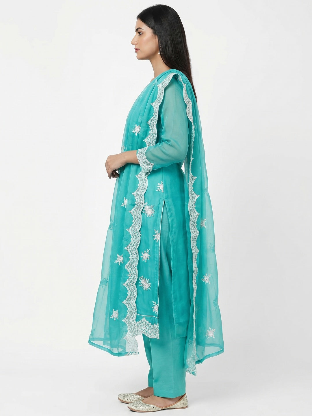 Turquoise Floral Mirror Embroidered Organza Dress Material - Image 2