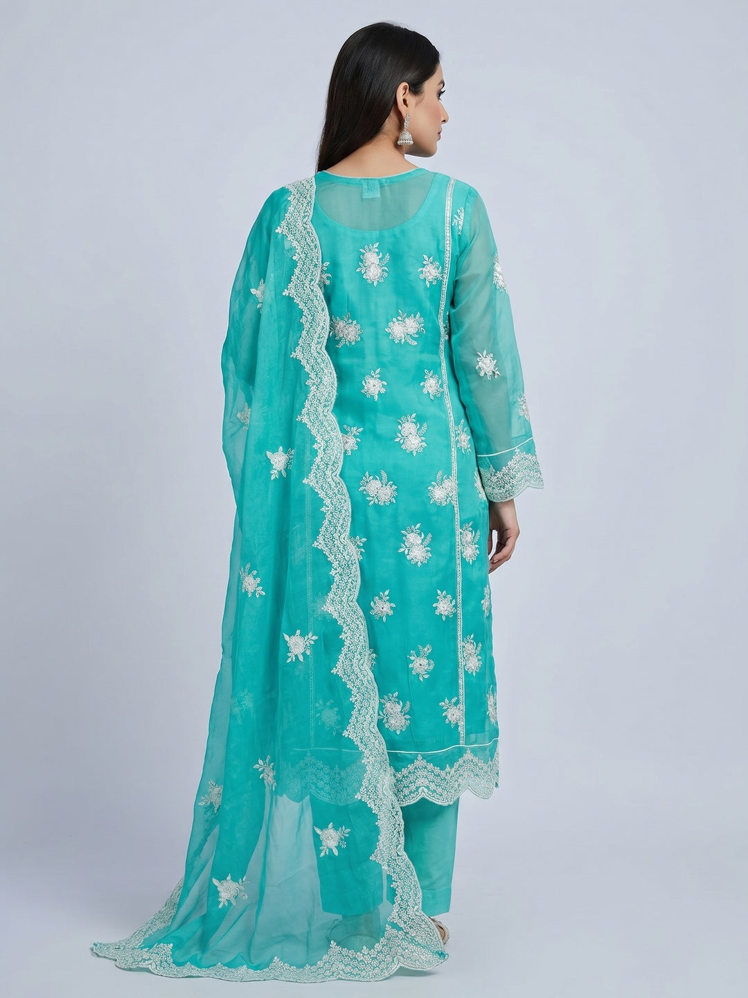 Turquoise Floral Mirror Embroidered Organza Dress Material - Image 3