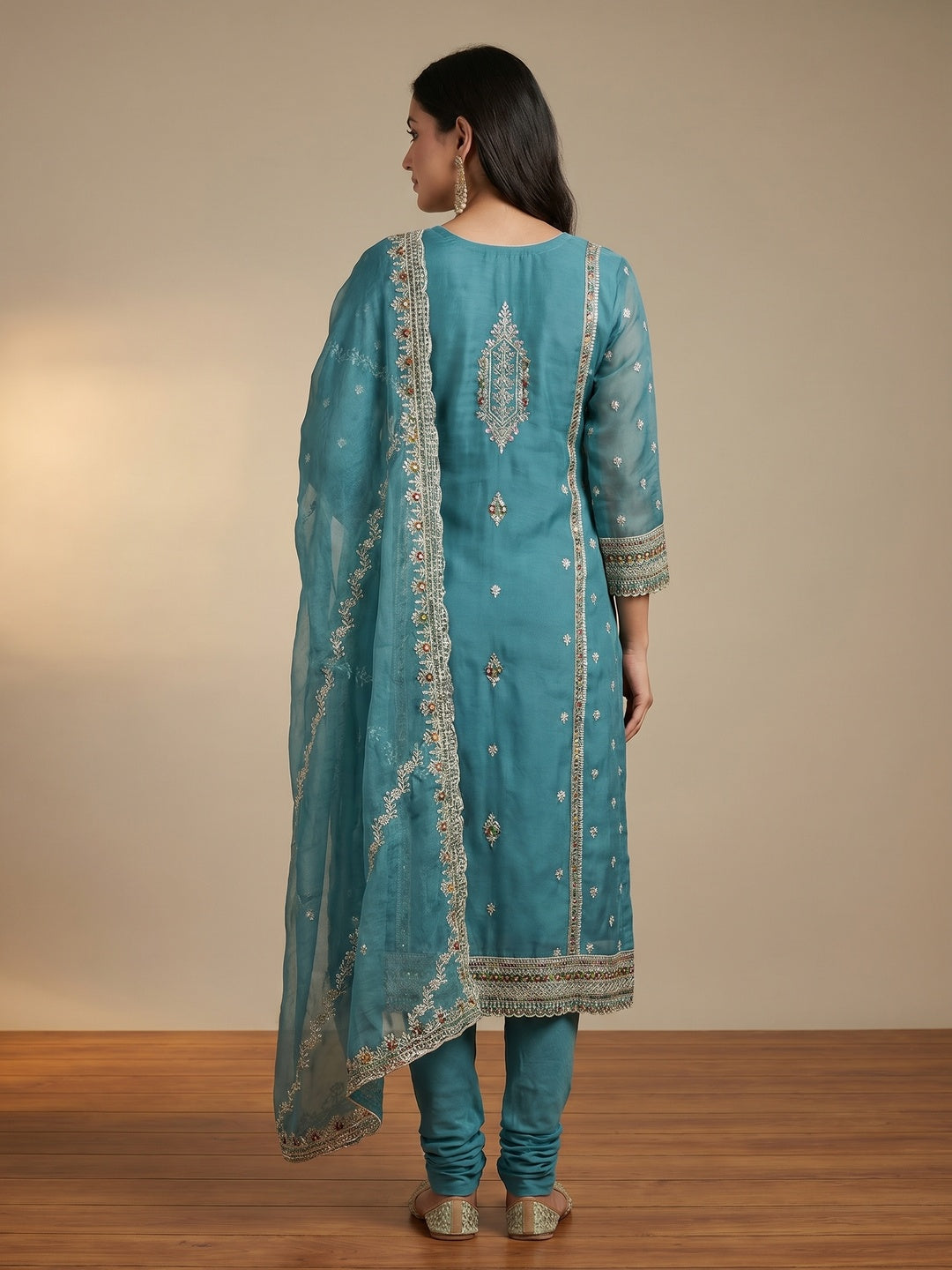 Rama Blue Embroidered Organza Dress Material - Image 2