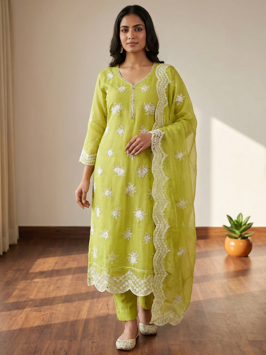 Green Floral Mirror Embroidered Organza Dress Material - Image 1