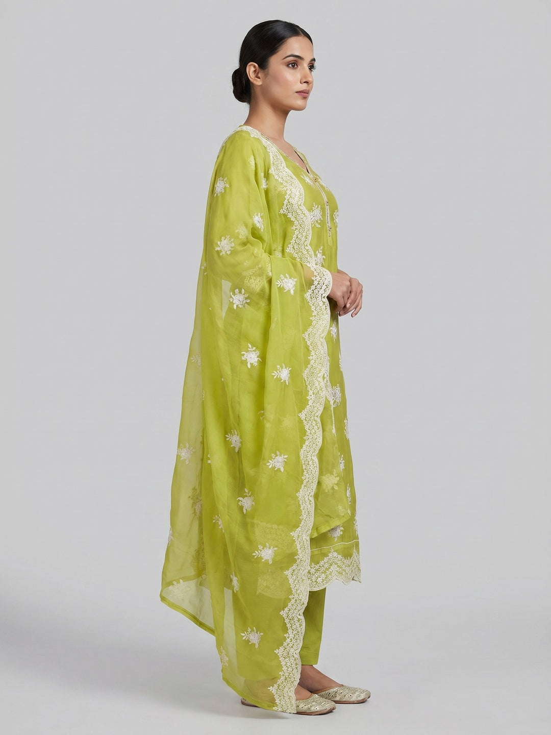 Green Floral Mirror Embroidered Organza Dress Material - Image 2
