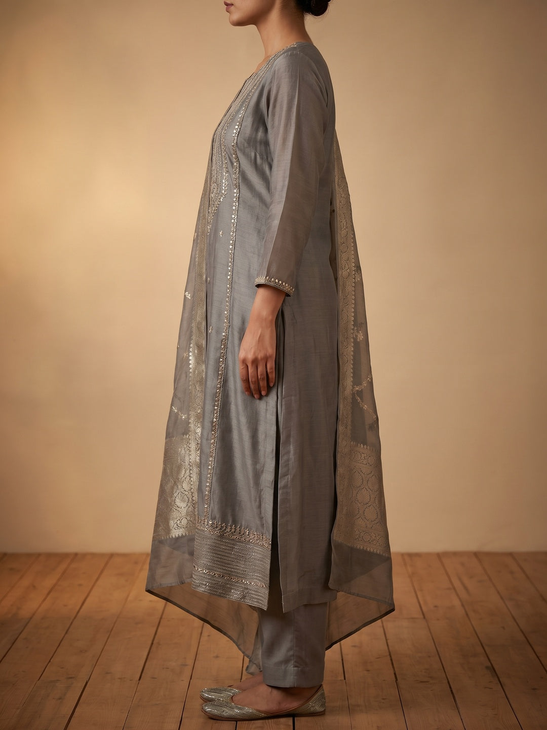 Grey Woven With Handwork Organza Dress Material - Image 3