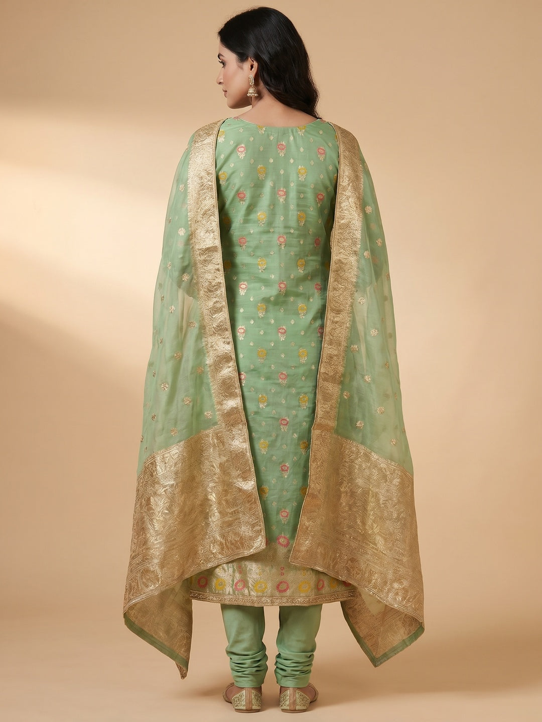 Green Woven With Handwork Organza Dress Material - Image 2