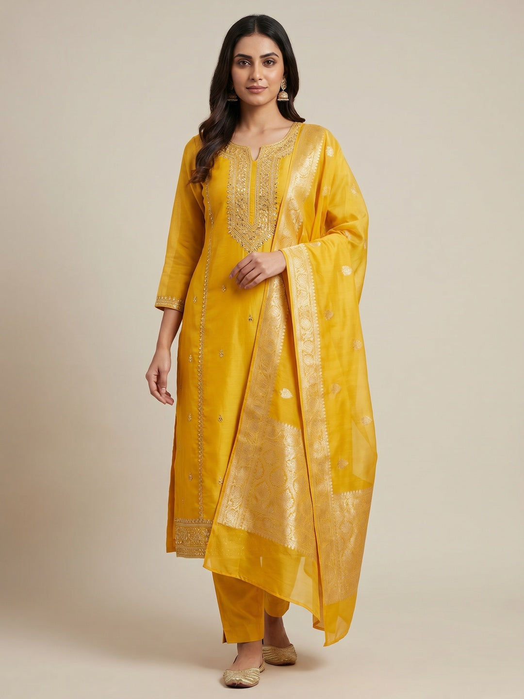Yellow Woven With Handwork Organza Dress Material - Image 1