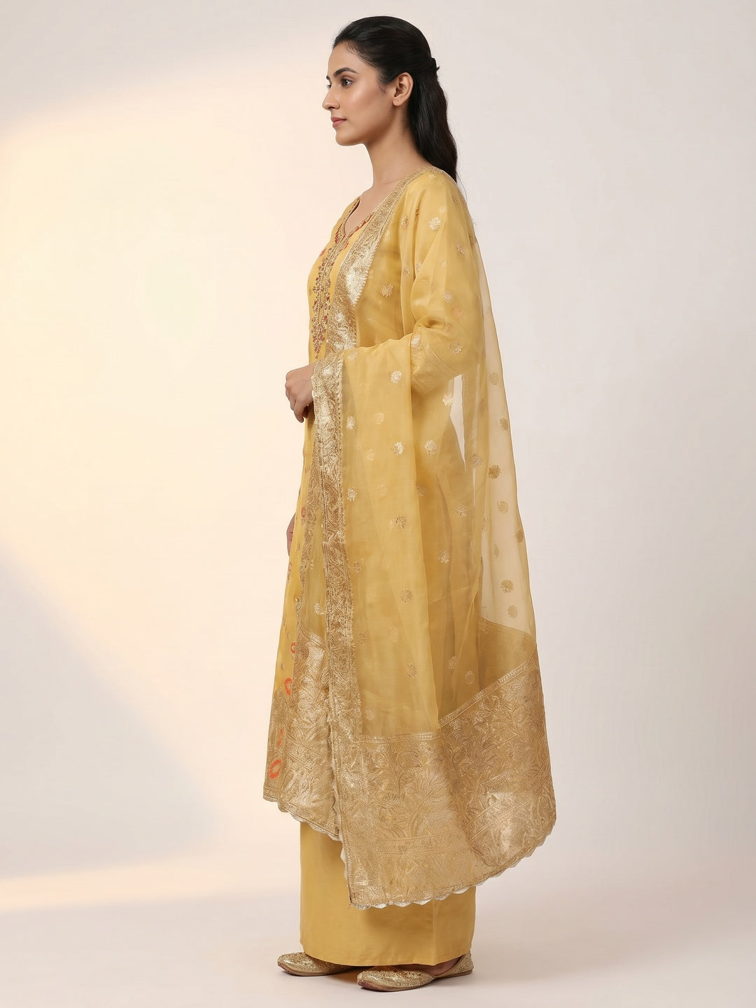 Yellow Woven With Handwork Organza Dress Material - Image 2
