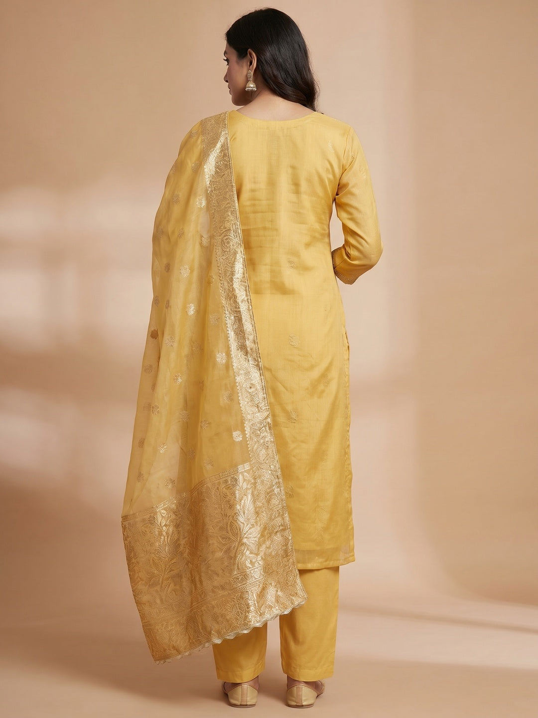 Yellow Woven With Handwork Organza Dress Material - Image 3