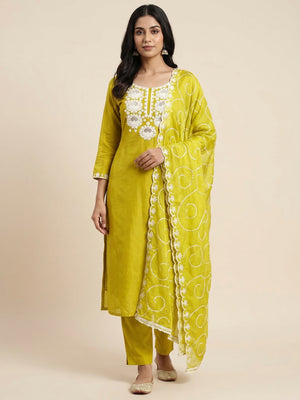 Green Floral Sequins Embroidered Chanderi Silk Dress Material - Image 1