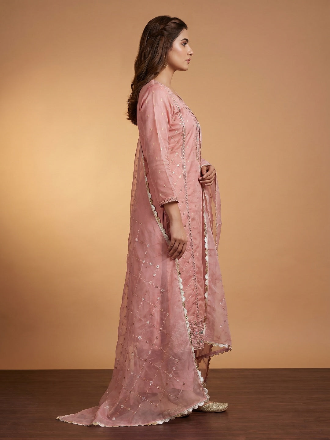 Pink Woven With Handwork Organza Dress Material - Image 3