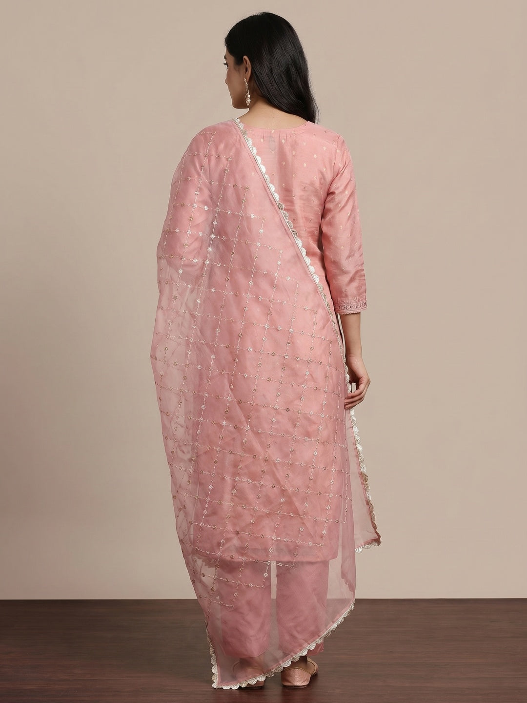 Pink Woven With Handwork Organza Dress Material - Image 2