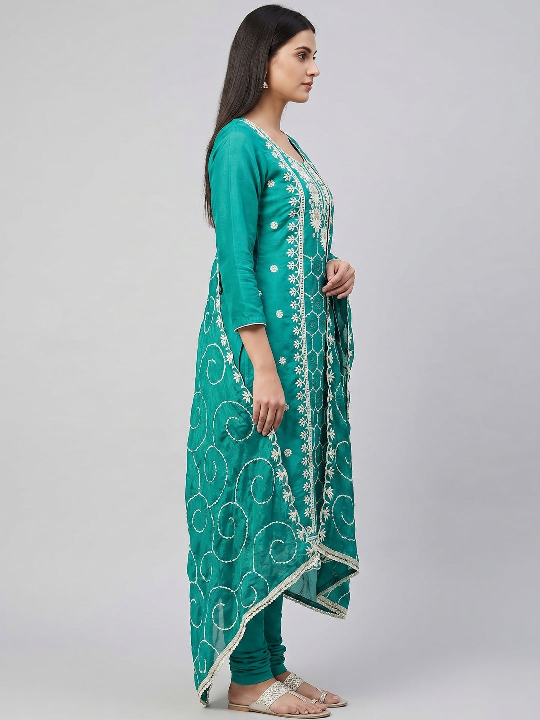Rama Green Floral Sequins Embroidered Chanderi Silk Dress Material - Image 3