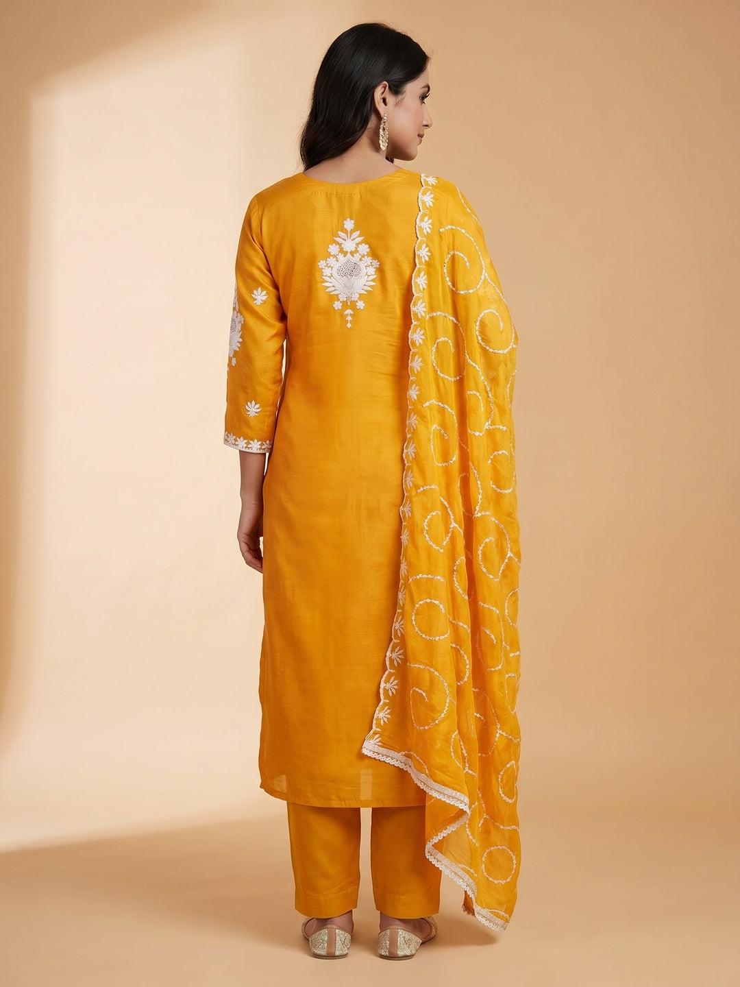 Mustard Floral Sequins Embroidered Chanderi Silk Dress Material - Image 3