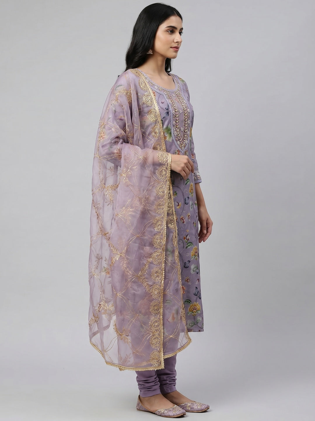 Purple Floral Digital Printed With Hand Embroidery Organza Dress Material - Image 3