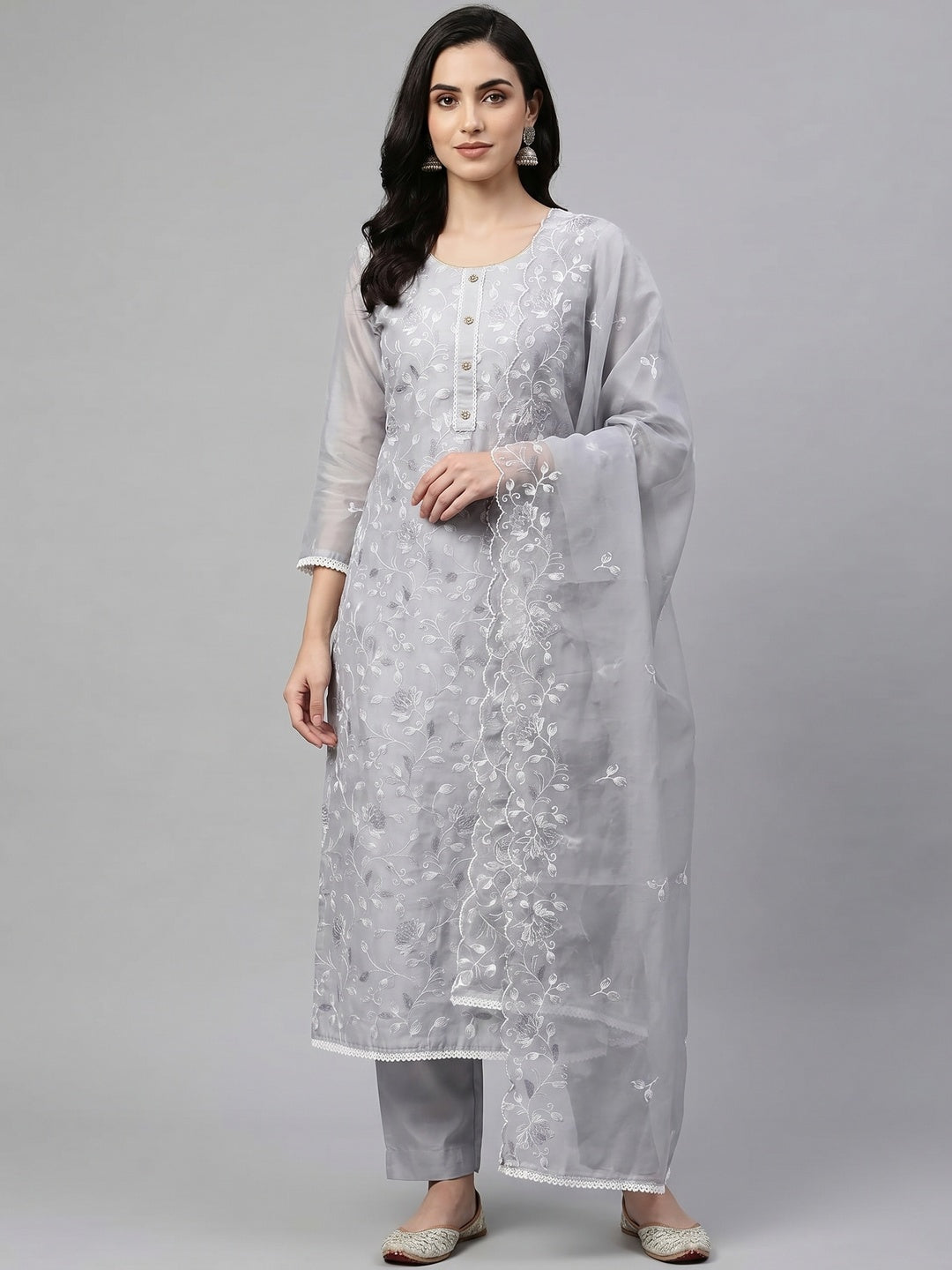 Grey Floral Embroidered Chanderi Silk Dress Material - Image 1
