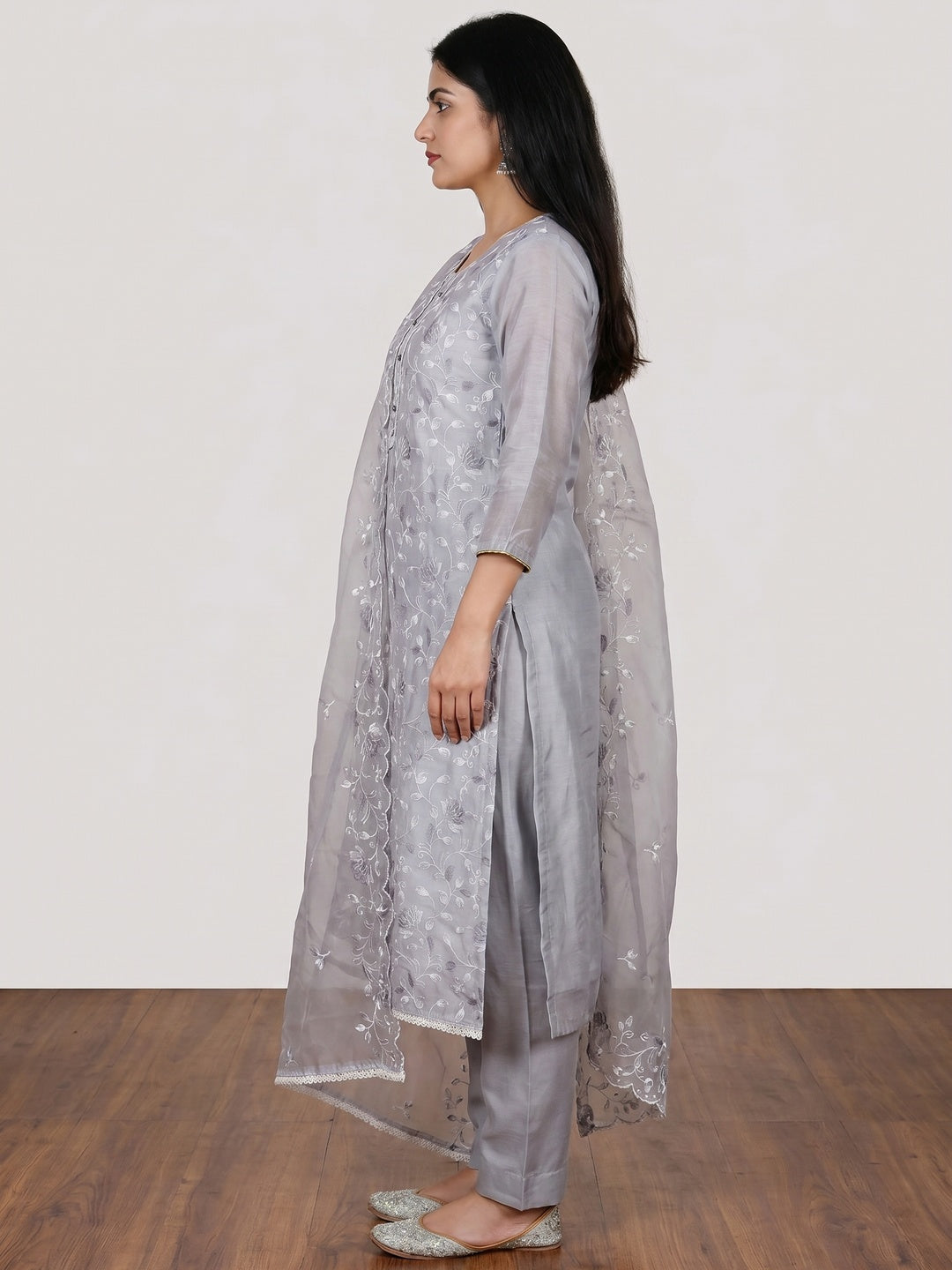 Grey Floral Embroidered Chanderi Silk Dress Material - Image 3