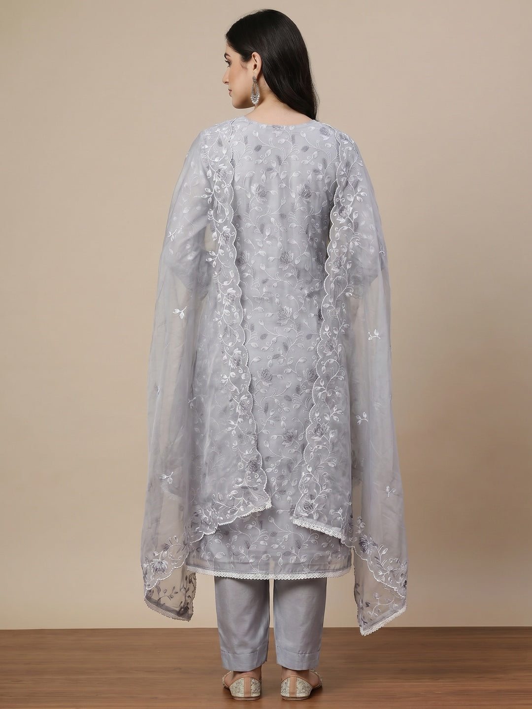 Grey Floral Embroidered Chanderi Silk Dress Material - Image 2
