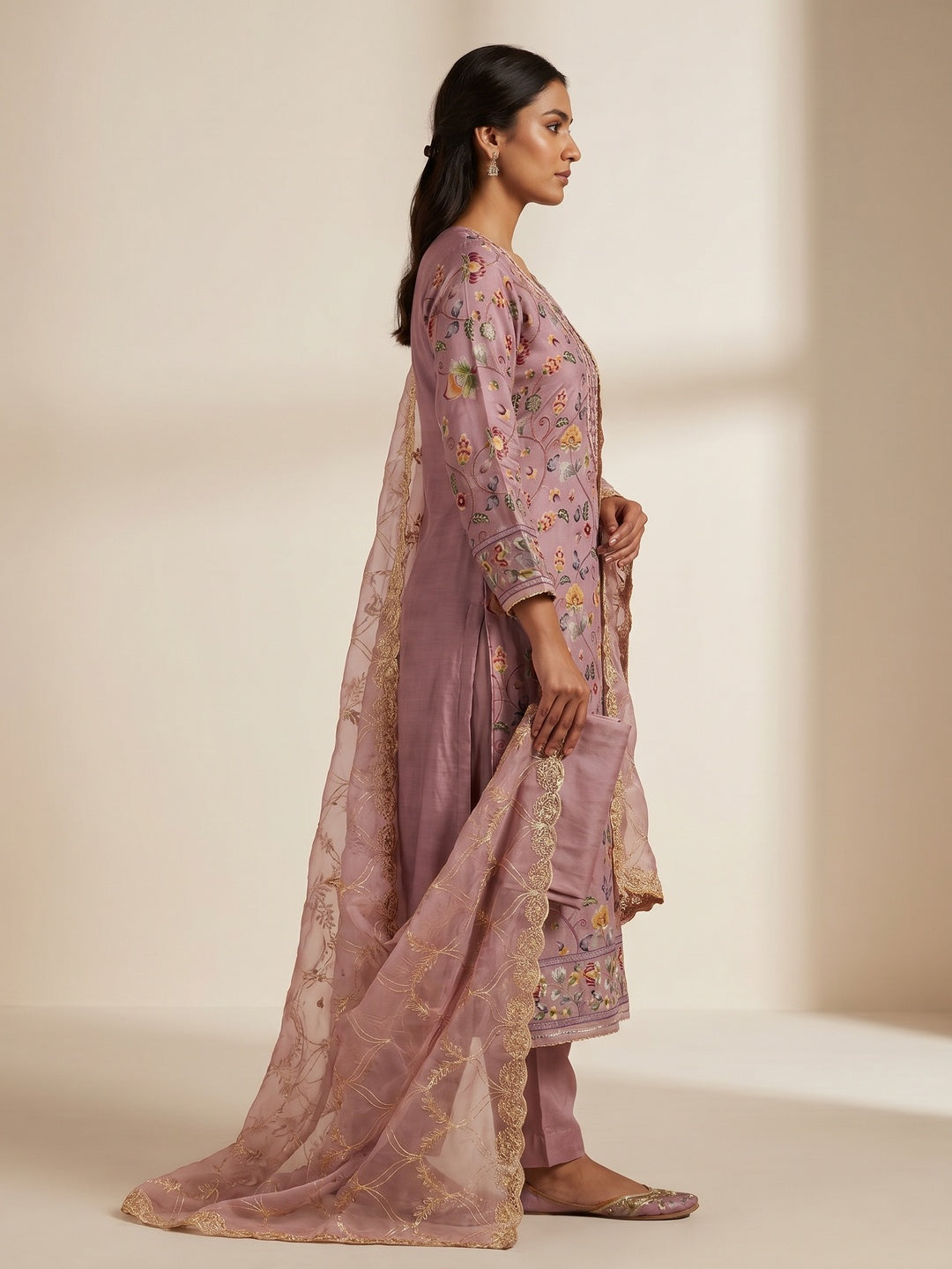 Mauve Floral Digital Printed With Hand Embroidery Organza Dress Material - Image 2