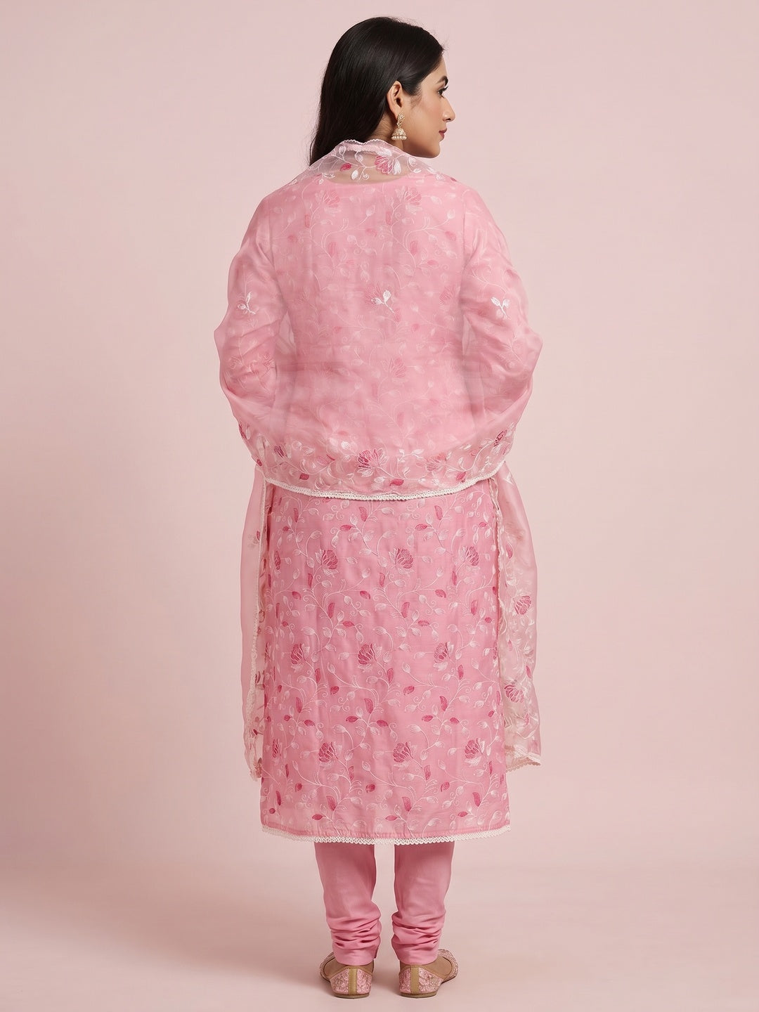 Pink Floral Embroidered Chanderi Silk Dress Material - Image 3