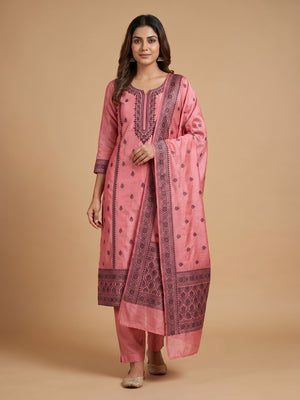 Pink Floral Woven With Handwork Chanderi Silk Dress Material - Image 1