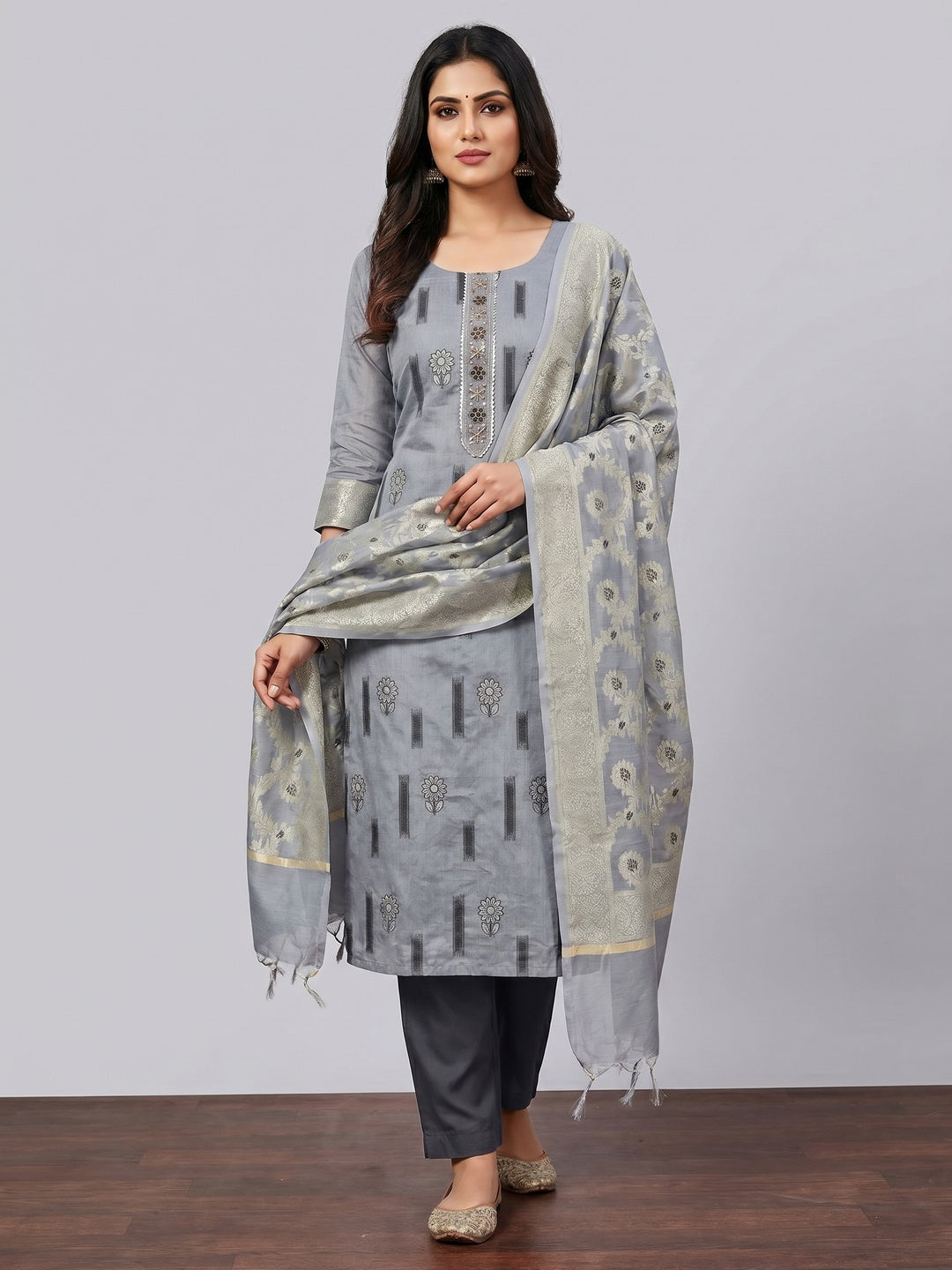 Grey Floral Woven With Handwork Chanderi Silk Dress Material - Image 1