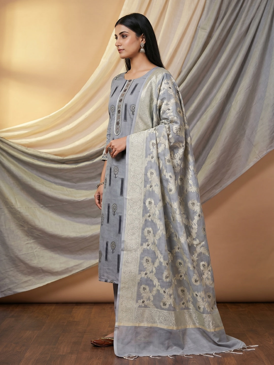 Grey Floral Woven With Handwork Chanderi Silk Dress Material - Image 3