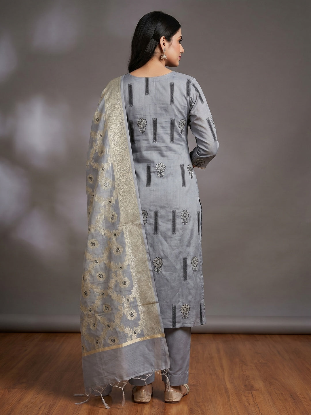 Grey Floral Woven With Handwork Chanderi Silk Dress Material - Image 2