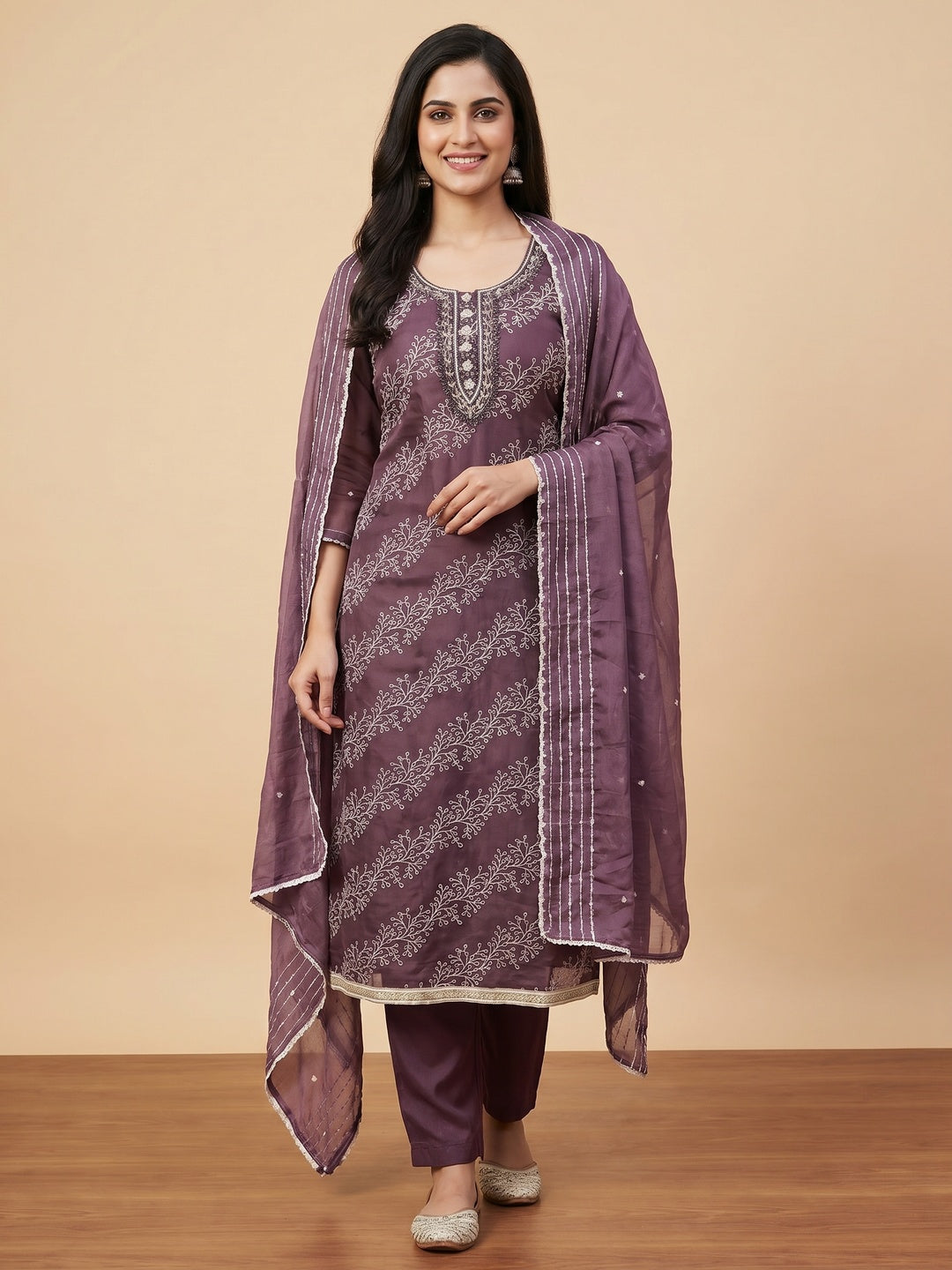 Wine Sequins Embroidery With Handwork Organza Dress Material - Image 1