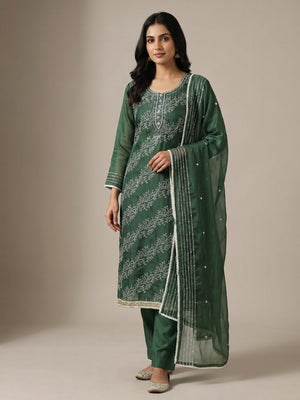Bottle Green Sequins Embroidery With Handwork Organza Dress Material - Image 1