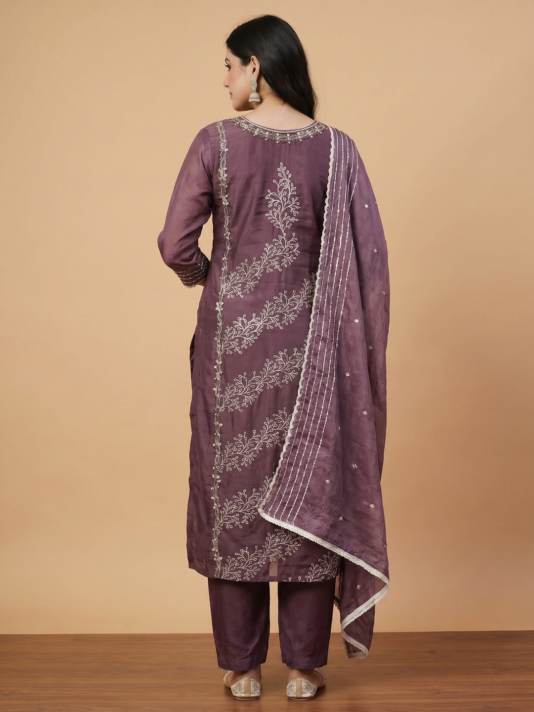 Wine Sequins Embroidery With Handwork Organza Dress Material - Image 2