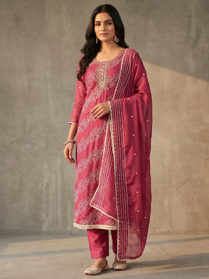 Pink Sequins Embroidery With Handwork Organza Dress Material - Image 1