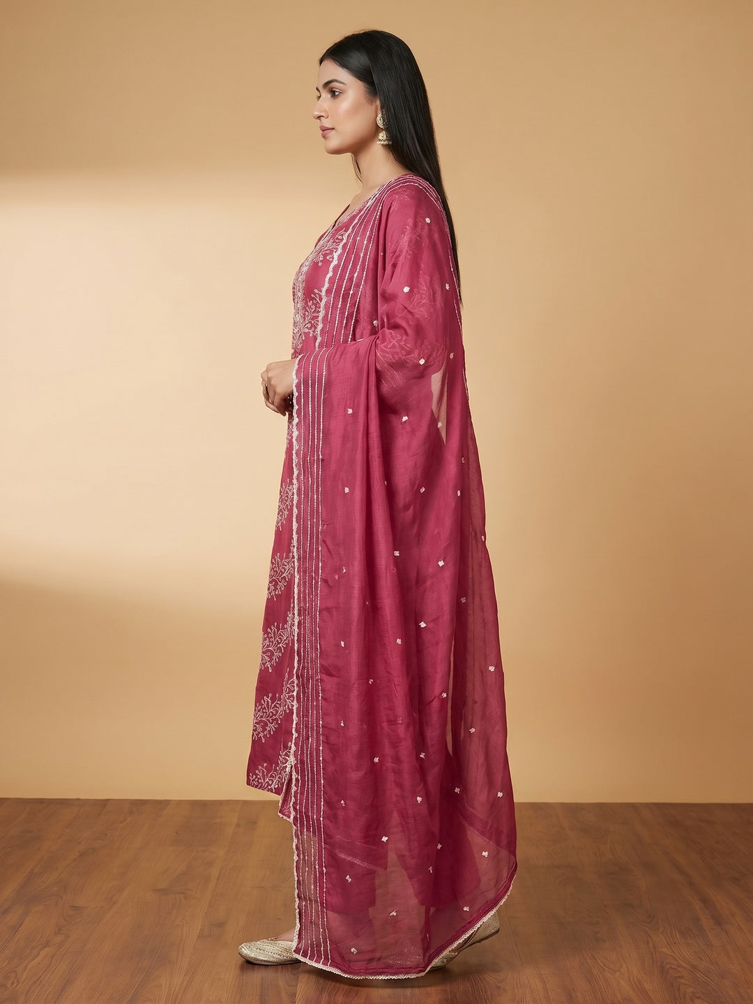 Pink Sequins Embroidery With Handwork Organza Dress Material - Image 3