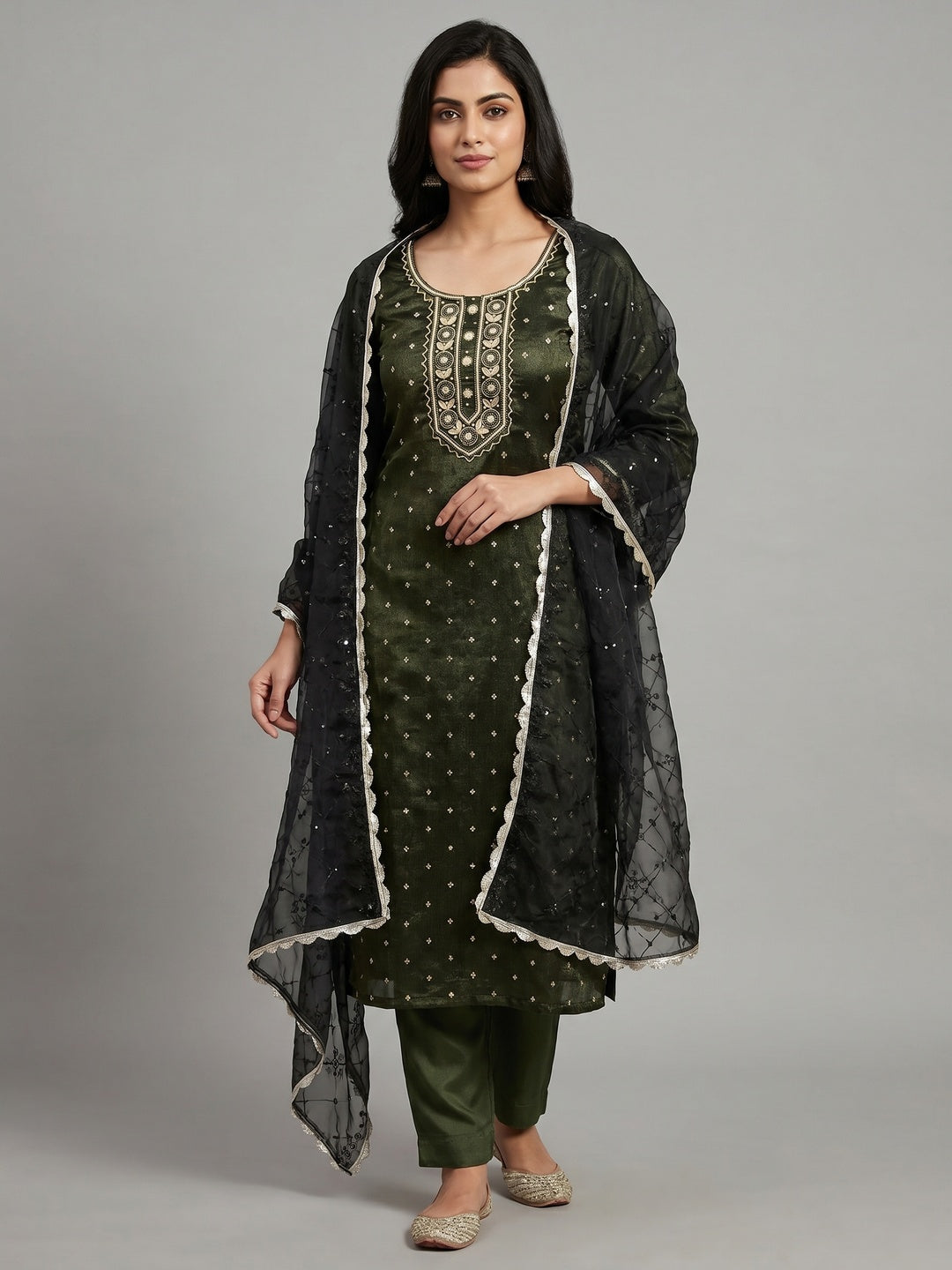 Green Woven With Handwork Organza Dress Material - Image 1