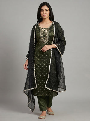 Green Woven With Handwork Organza Dress Material - Image 1