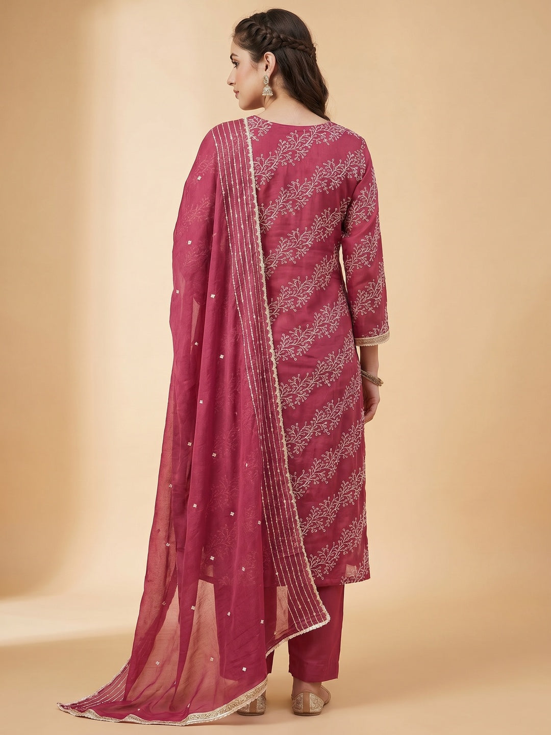 Pink Sequins Embroidery With Handwork Organza Dress Material - Image 2