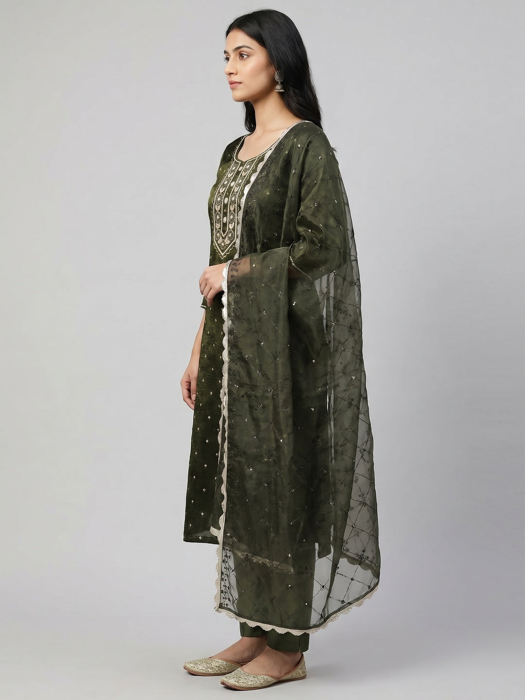 Green Woven With Handwork Organza Dress Material - Image 3
