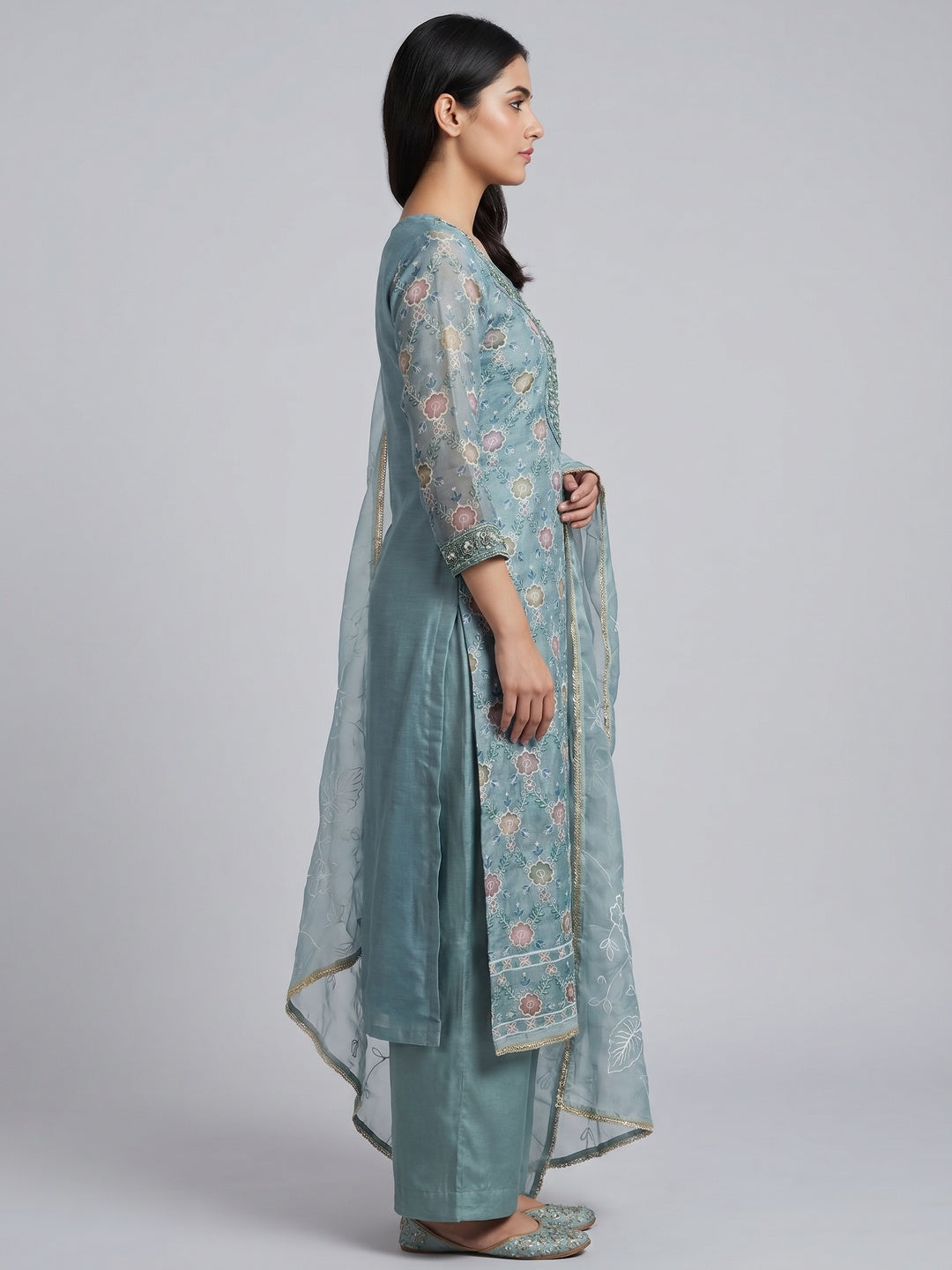 Blue Digital Printed With Hand Embroidered Organza Dress Material - Image 3