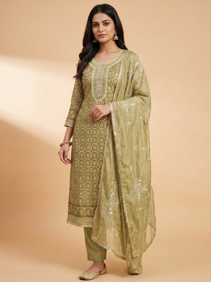Olive Sequins Embroidery With Handwork Organza Dress Material - Image 1