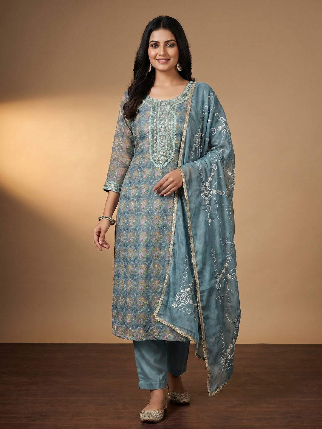 Blue Sequins Embroidery With Handwork Organza Dress Material - Image 1
