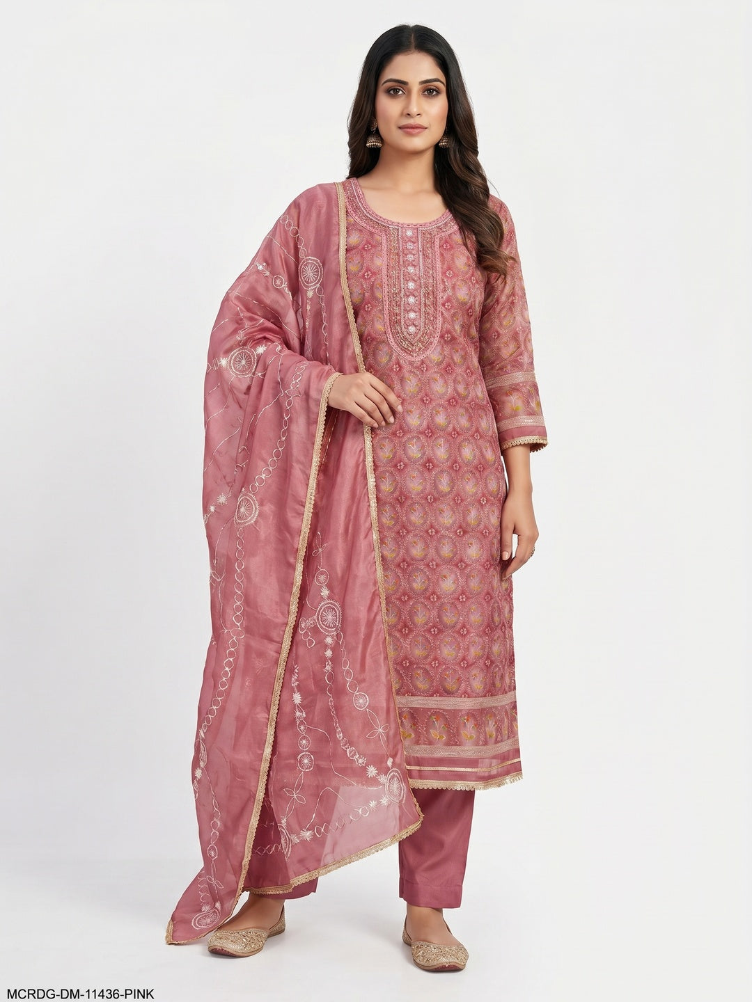 Pink Sequins Embroidery With Handwork Organza Dress Material - Image 1