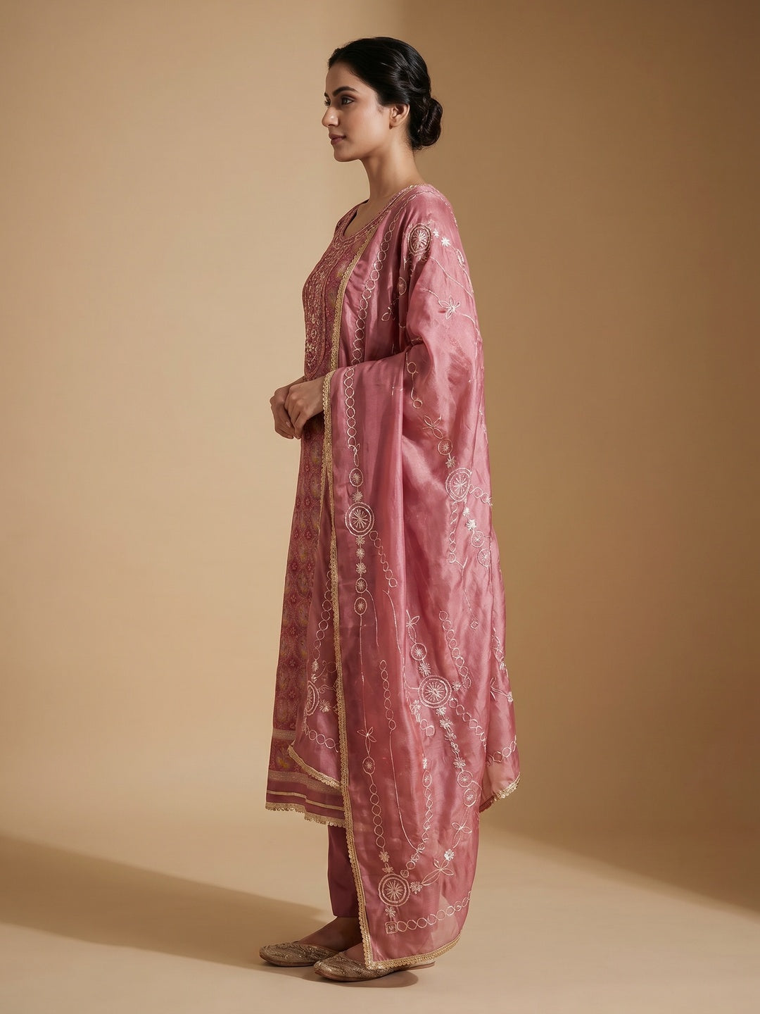 Pink Sequins Embroidery With Handwork Organza Dress Material - Image 2