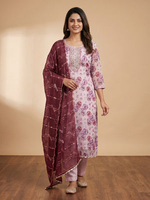 Light Pink Hand Embroidery With Digital Printed Organza Dress Material - Image 1