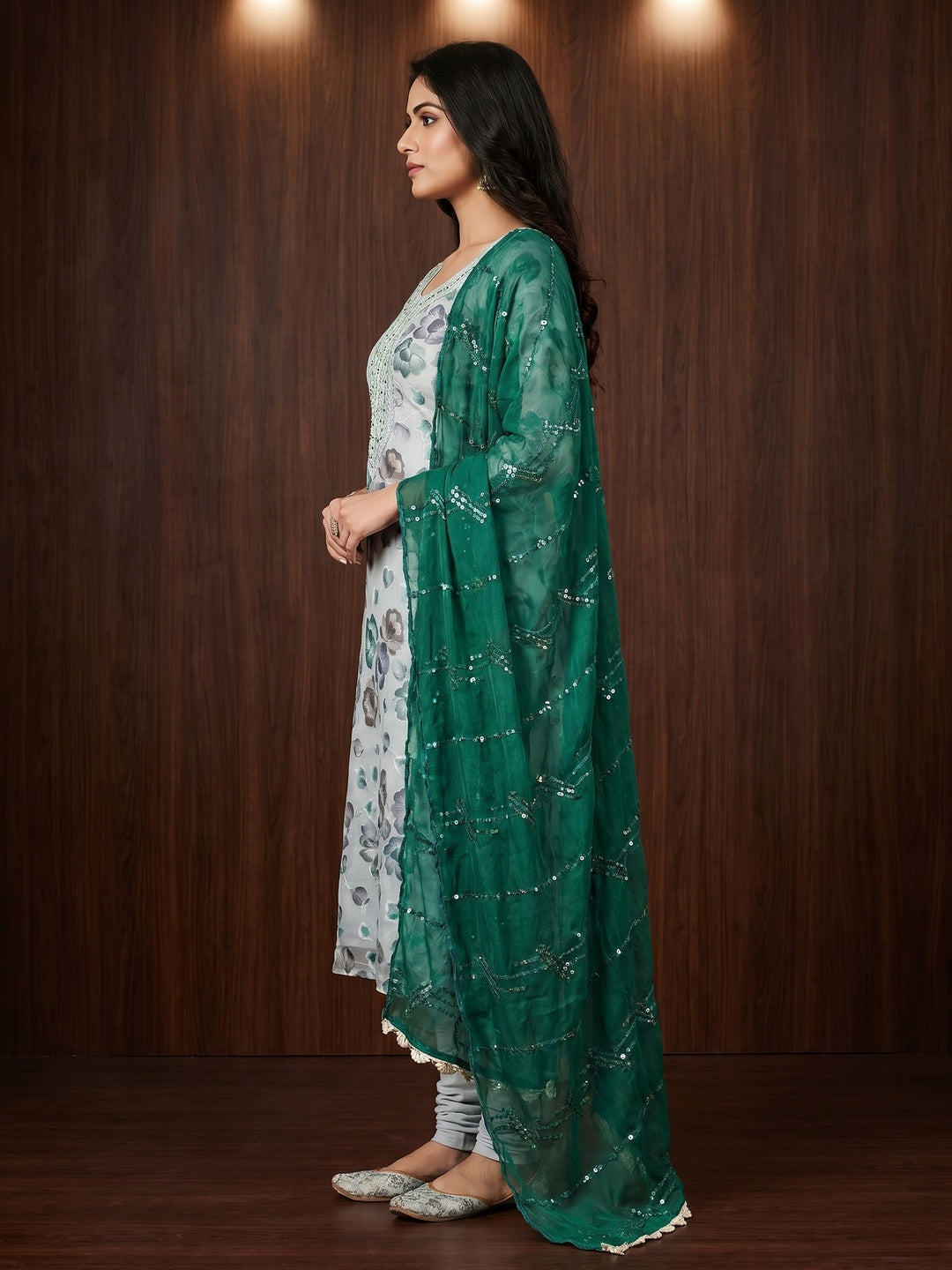 Light Grey Hand Embroidery With Digital Printed Organza Dress Material - Image 2