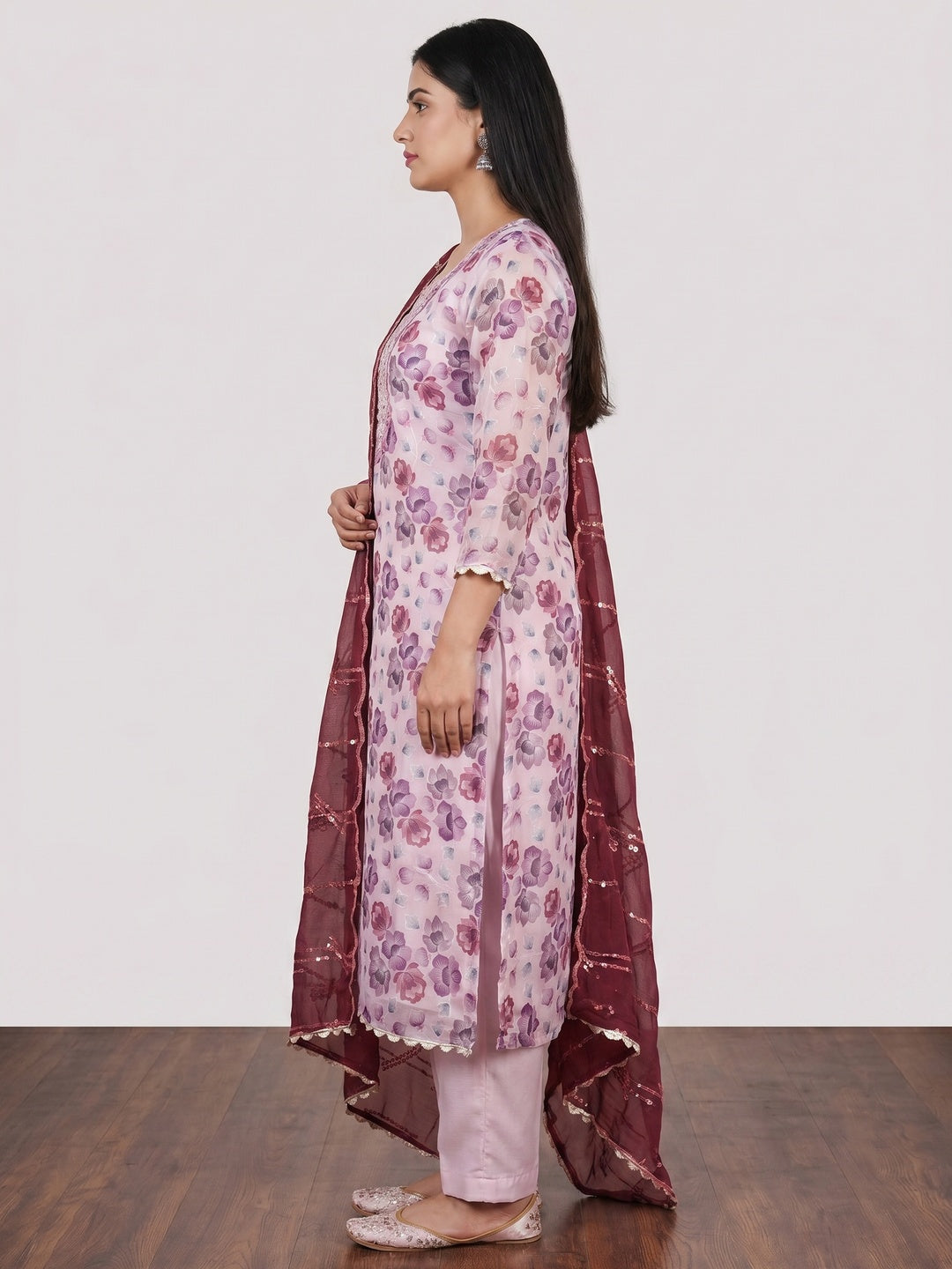 Light Pink Hand Embroidery With Digital Printed Organza Dress Material - Image 3