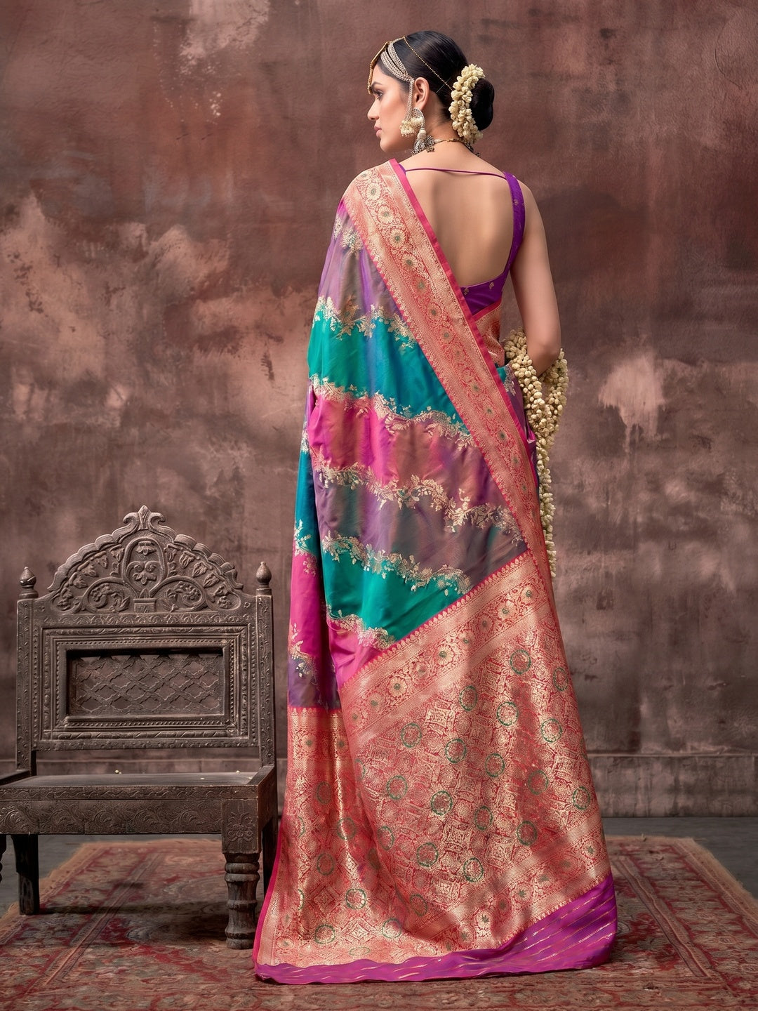 Purple Floral Woven Art Silk Saree With Tassels - Image 1