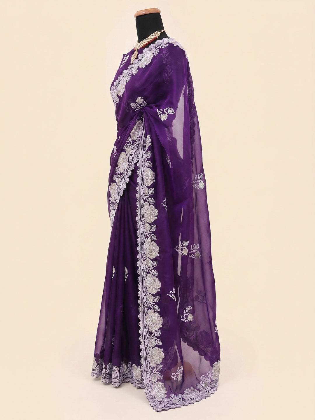 Purple Floral Embroidered Satin Saree - Image 3
