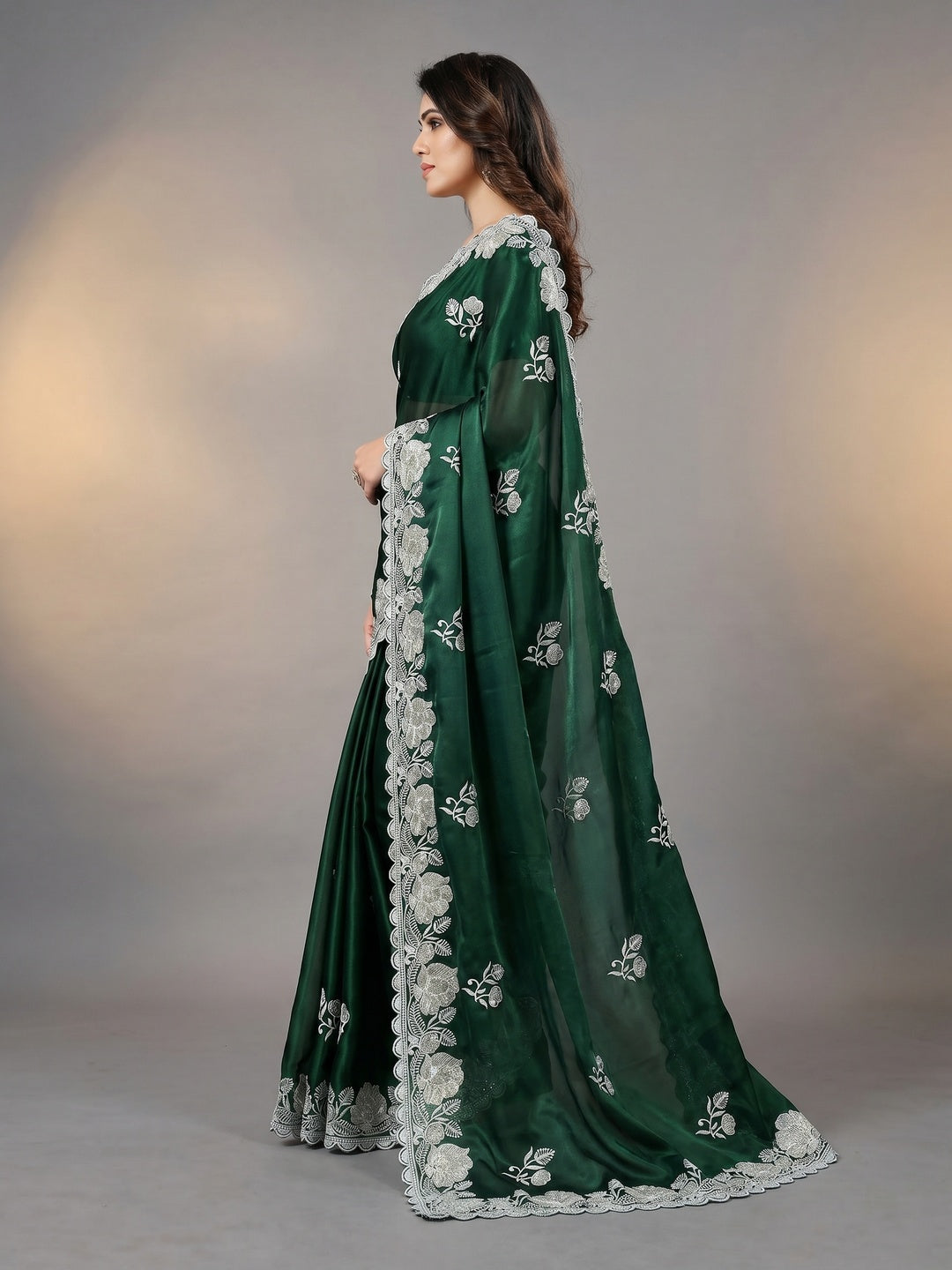 Green Floral Embroidered Satin Saree - Image 3
