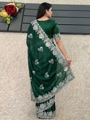 Green Floral Embroidered Satin Saree - Image 2
