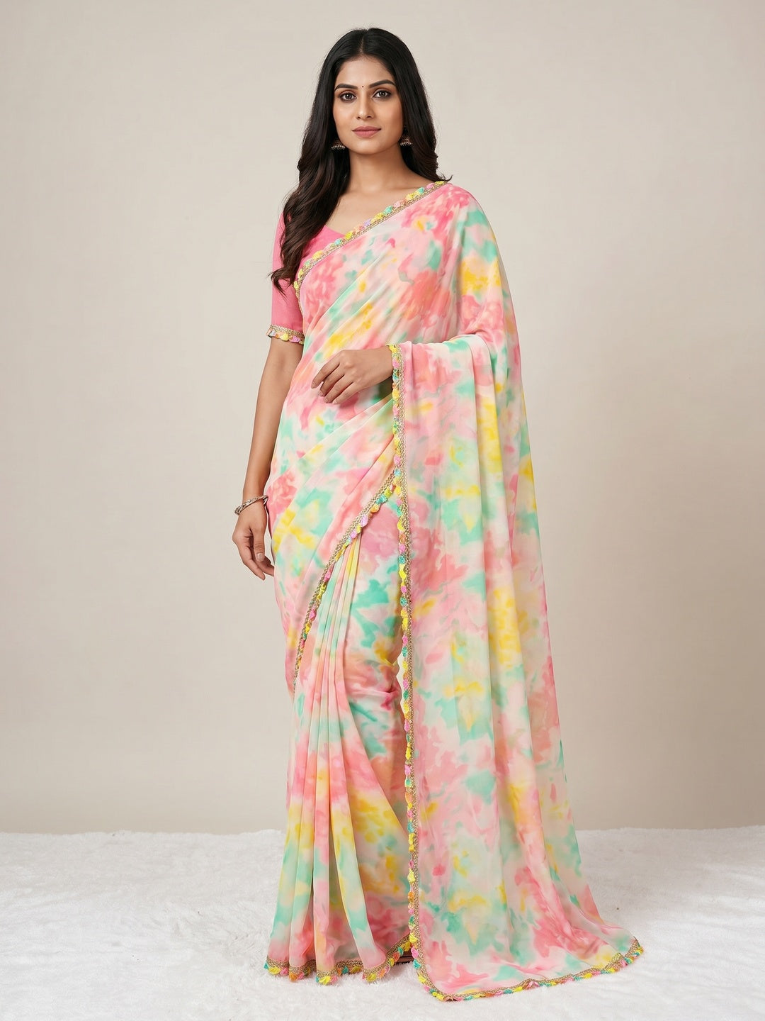 Peach Abstract Printed Georgette Saree - Image 1
