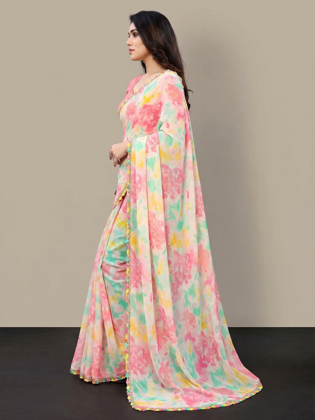 Peach Abstract Printed Georgette Saree - Image 3