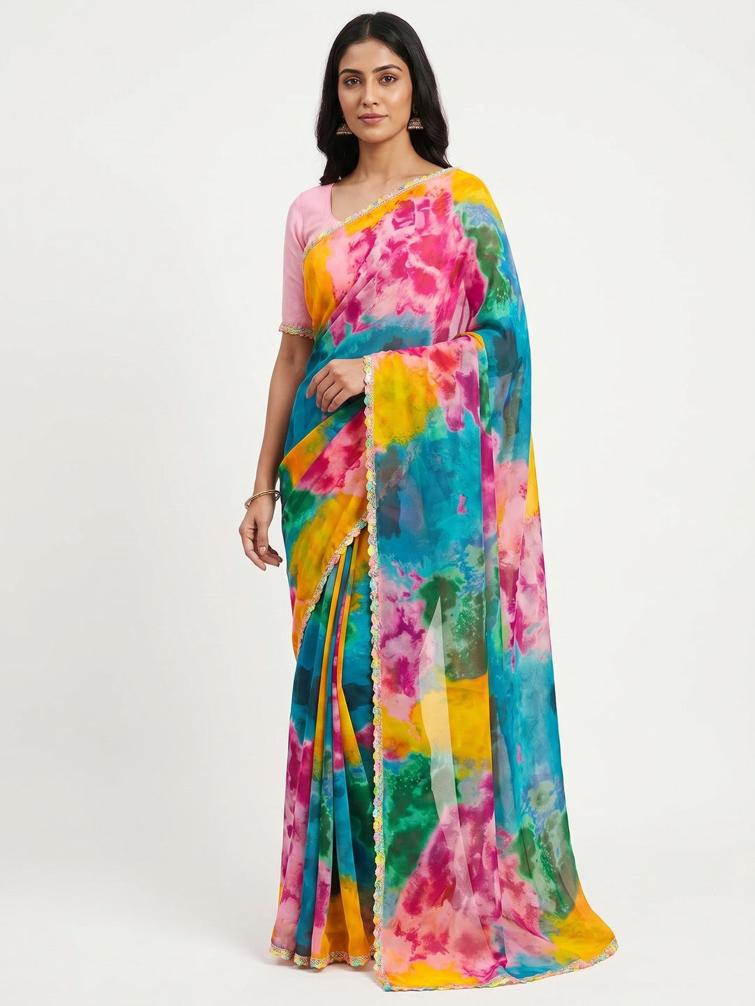 Multicolor Abstract Printed Georgette Saree - Image 1